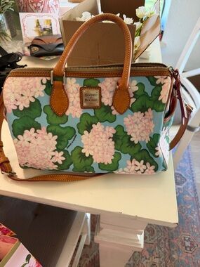 Dooney & Bourke Blue Floral Canvas Satchel with Tan Leather Trim